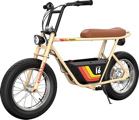 Get ready to ride in style. The new, retro-cool Razor Rambler 16 is part of the hot trend of minibikes. The powerful and quiet 350-watt, brushless hub motor lets you blast around town (local laws apply) at speeds up to 15.6mph (25 km/h). It’s 36-volt battery system lets you cruise up to 11.5miles (18.5km). 